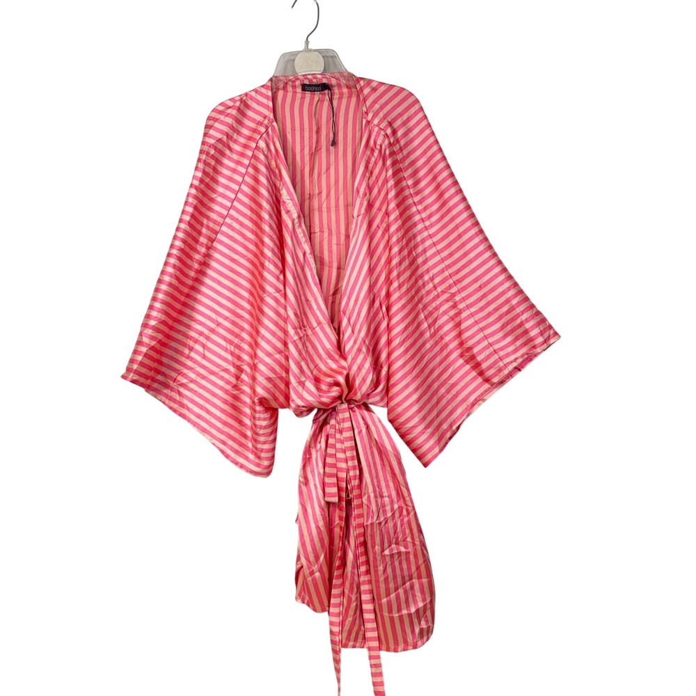 Boohoo Kimono Style Pink‎ Striped Open Front Tie Waist Robe Cover Up